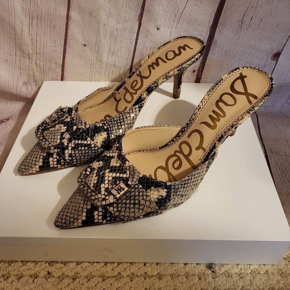 Sam Edelman Snake Print Pointed Toe Mules in Black and Cream